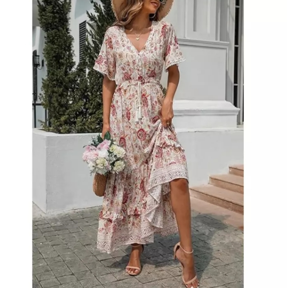 R. Vivimos Floral Cinched Waist Maxi Dress Sz S Bohemian Vacation Boho